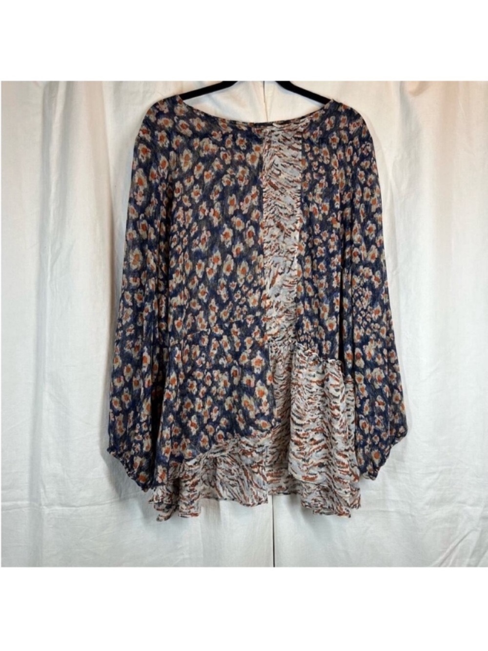 Logo by Lori Goldstien Sheer Asymmetrical Patchwork Ruffle long sleeve blouse